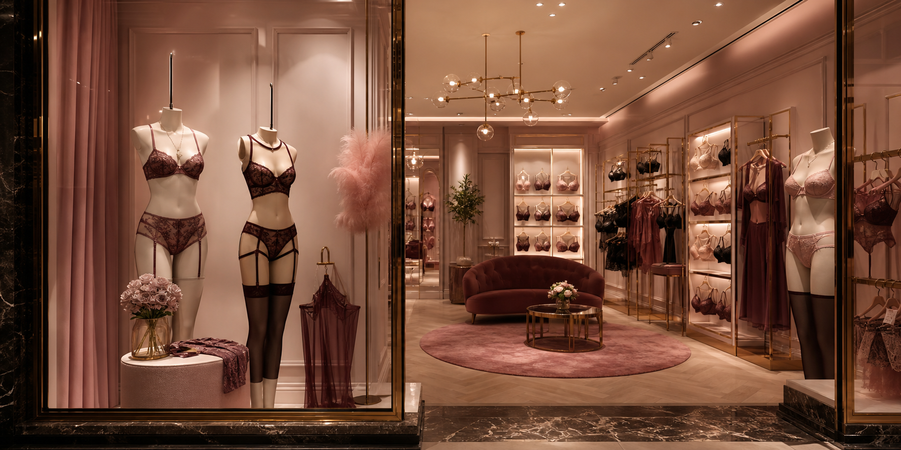 Interior del local de Lencería Ilusiones con exhibidores elegantes en tonos rosa y burgundy
